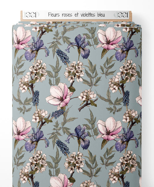 Tissu - Fleurs roses et violettes bleu