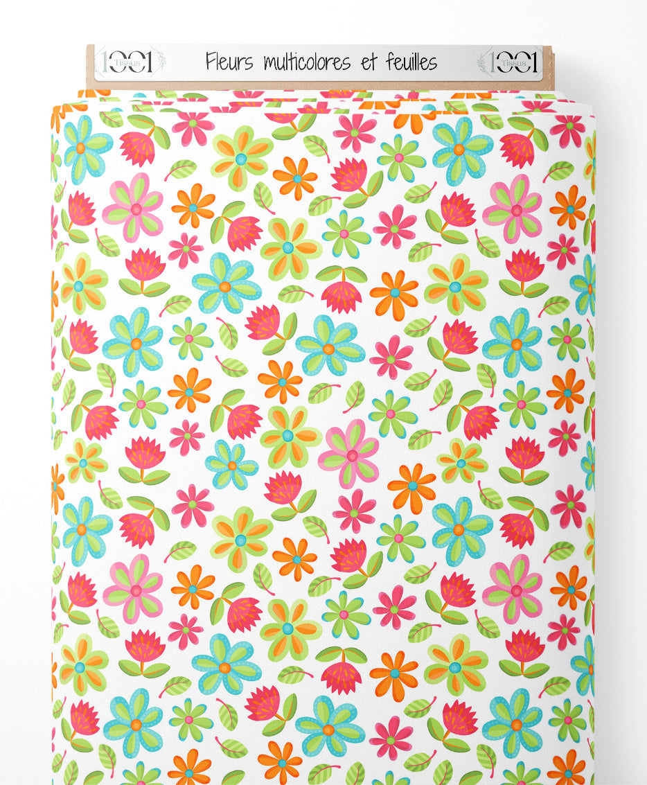 Tissu - Fleurs multicolores et feuilles