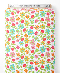 Tissu - Fleurs multicolores et feuilles