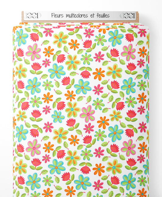 Tissu - Fleurs multicolores et feuilles