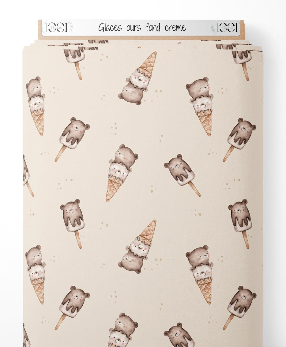 Tissu - Glaces ours fond crème