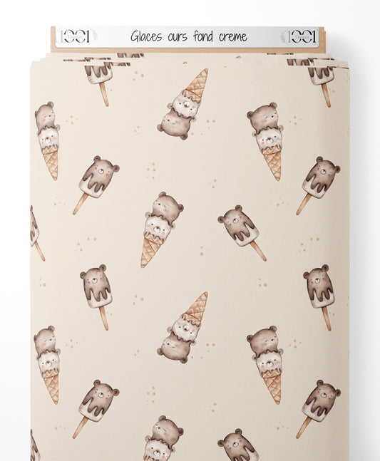 Tissu - Glaces ours fond crème