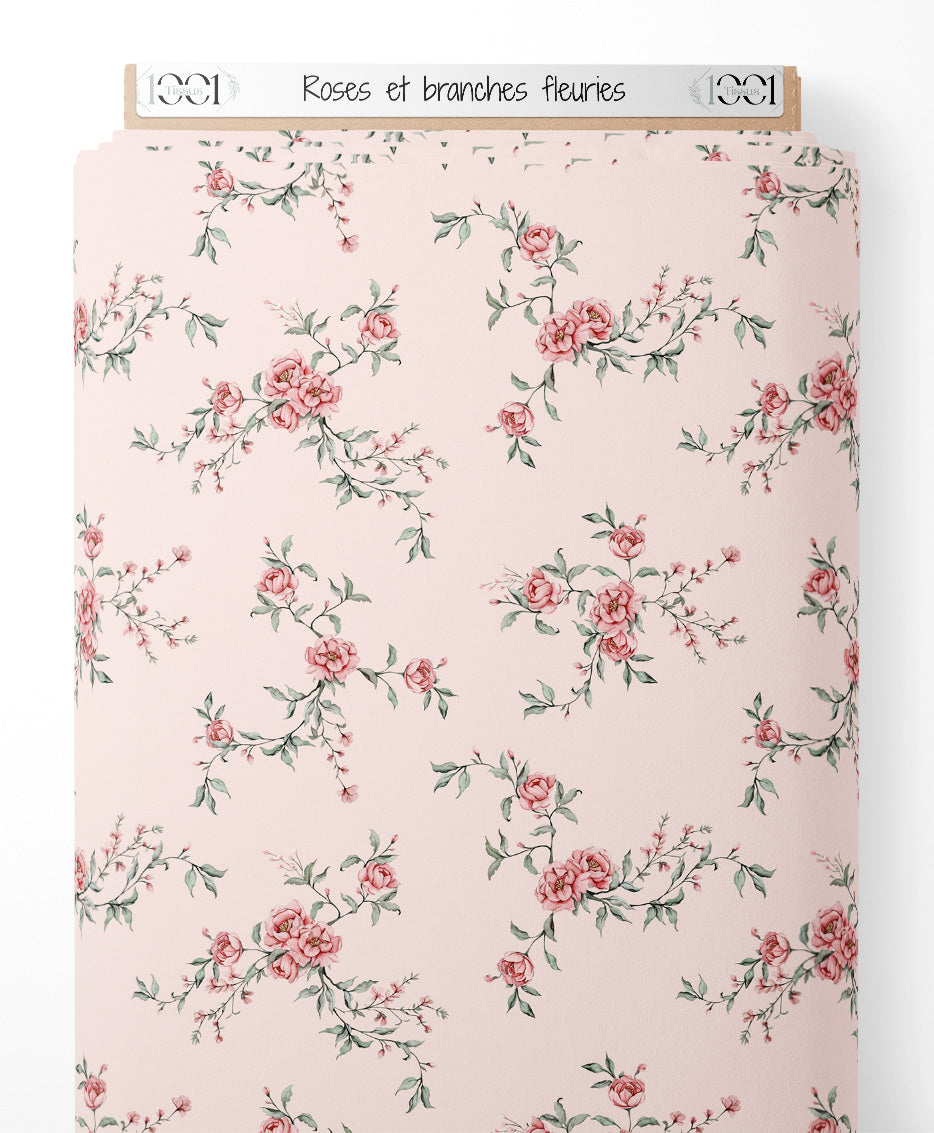 Tissu - Roses et branches fleuries