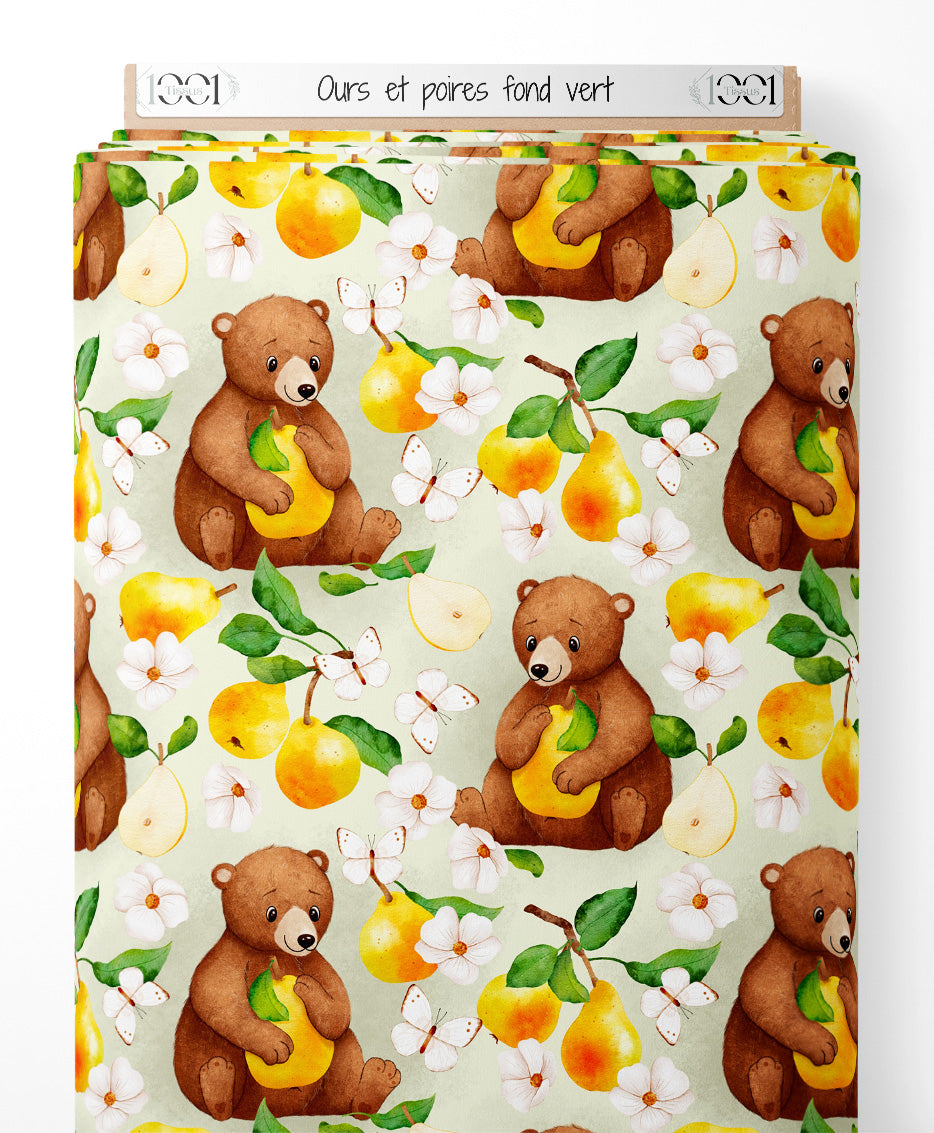 Tissu - Ours et poires sur fond vert