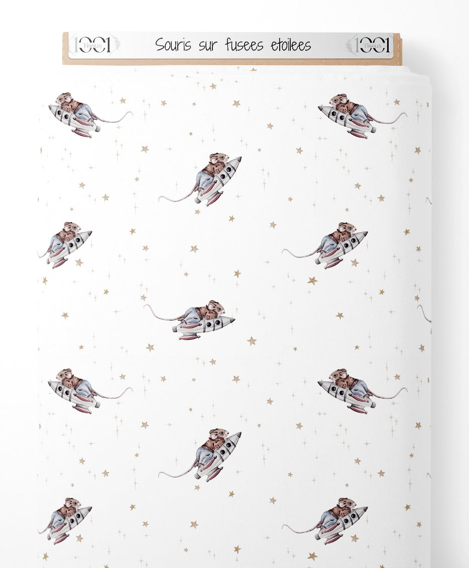 Tissu - Souris sur fusées étoilées