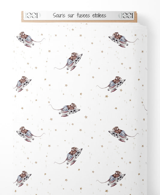 Tissu - Souris sur fusées étoilées