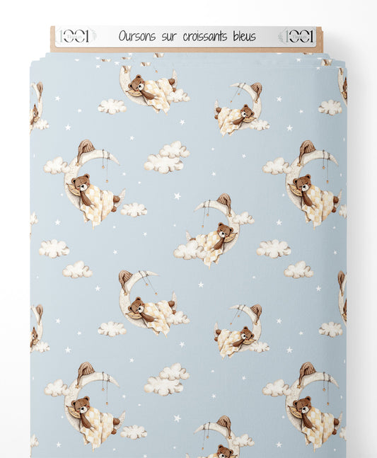 Tissu - Oursons sur croissants bleus