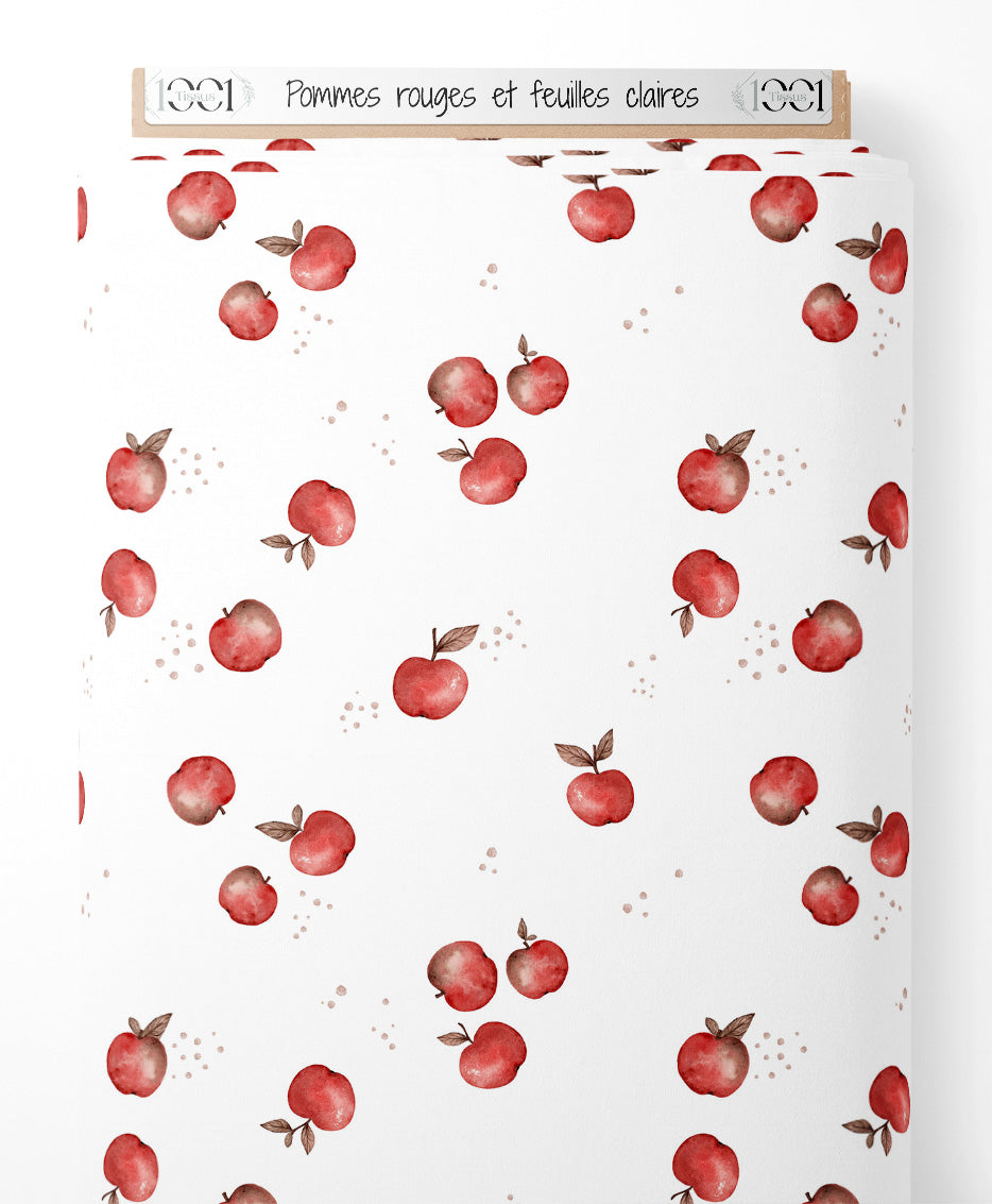 Tissu - Pommes rouges et feuilles claires