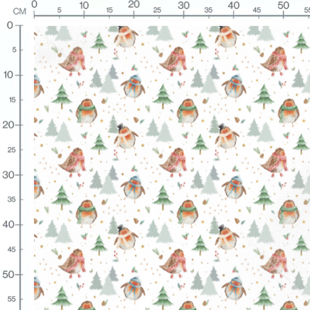 Tissu - Oiseaux et sapins festifs