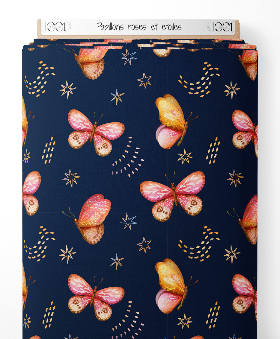Tissu - Papillons roses et étoiles