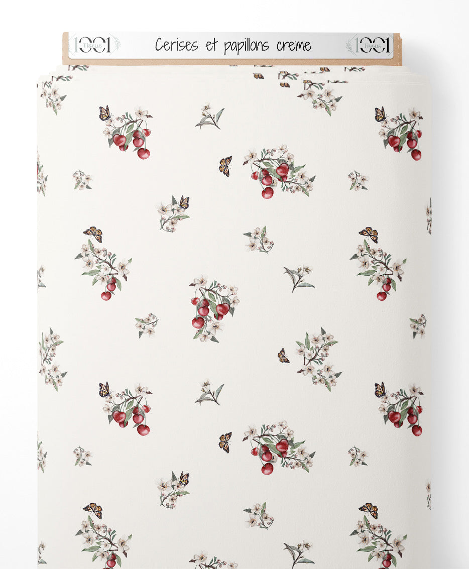 Tissu - Cerises et papillons crème