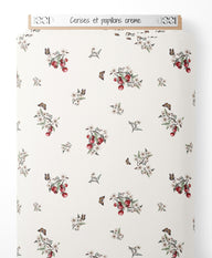 Tissu - Cerises et papillons crème