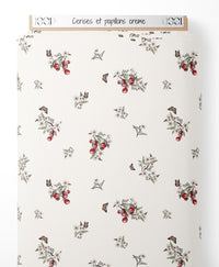 Tissu - Cerises et papillons crème