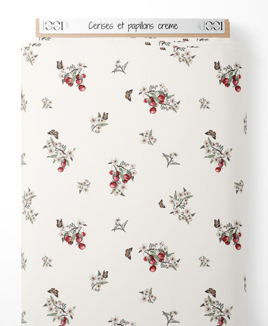 Tissu - Cerises et papillons crème