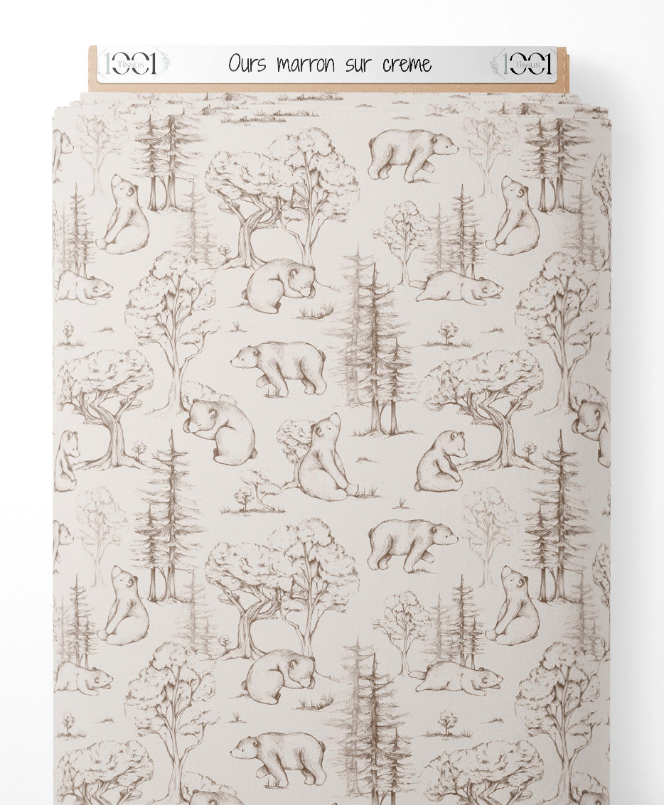 Tissu - Ours marron sur crème