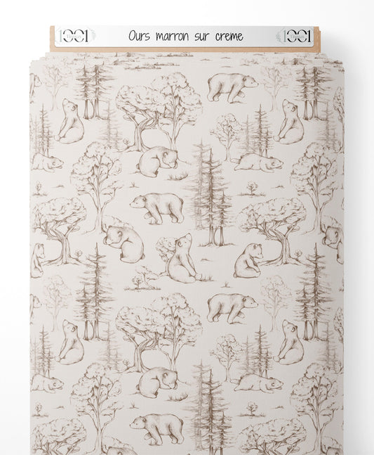 Tissu - Ours marron sur crème