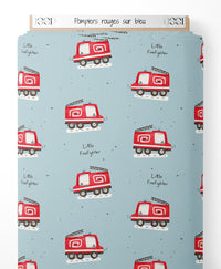 Tissu - Pompiers rouges sur bleu