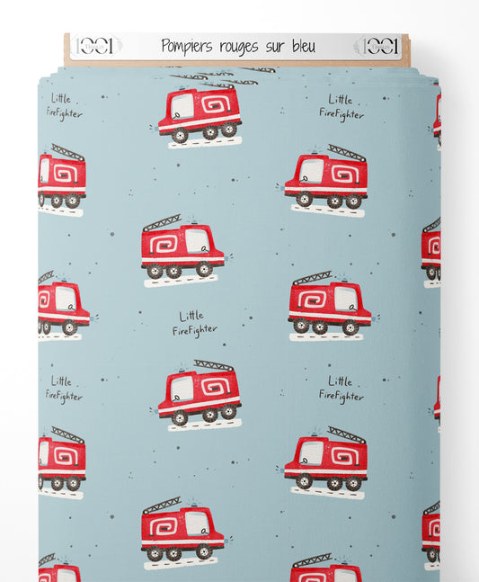 Tissu - Pompiers rouges sur bleu