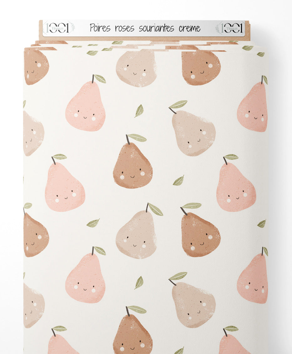 Tissu - Poires roses souriantes crème