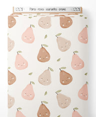 Tissu - Poires roses souriantes crème