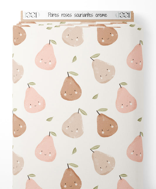 Tissu - Poires roses souriantes crème