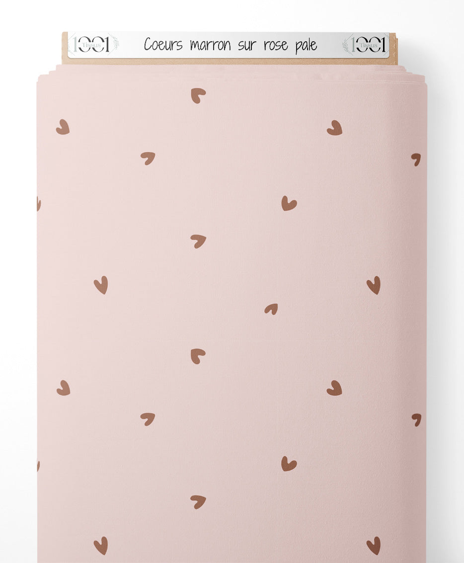 Tissu - Cœurs marron sur rose pâle