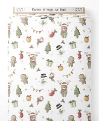 Tissu - Rennes et neige sur blanc