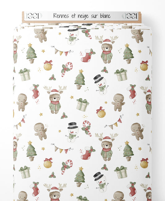 Tissu - Rennes et neige sur blanc