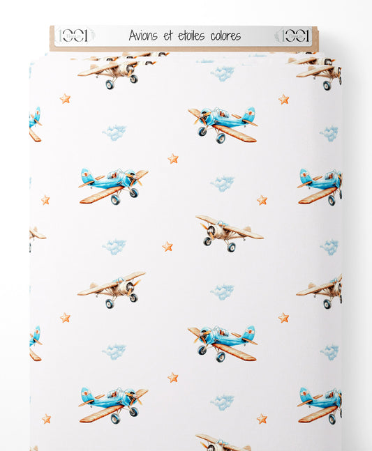 Tissu - Avions et étoiles colorés