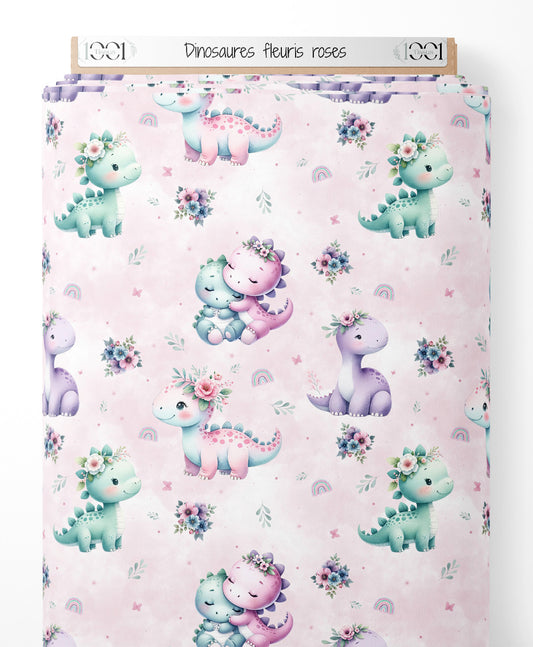Tissu - Dinosaures fleuris roses