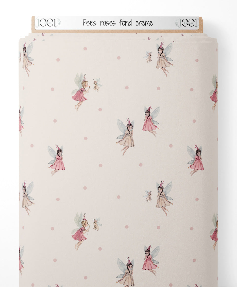 Tissu - Fées roses sur fond crème