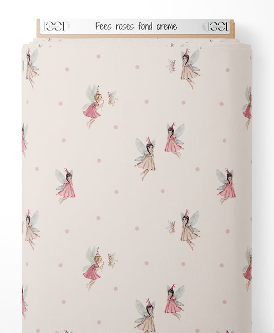 Tissu - Fées roses sur fond crème