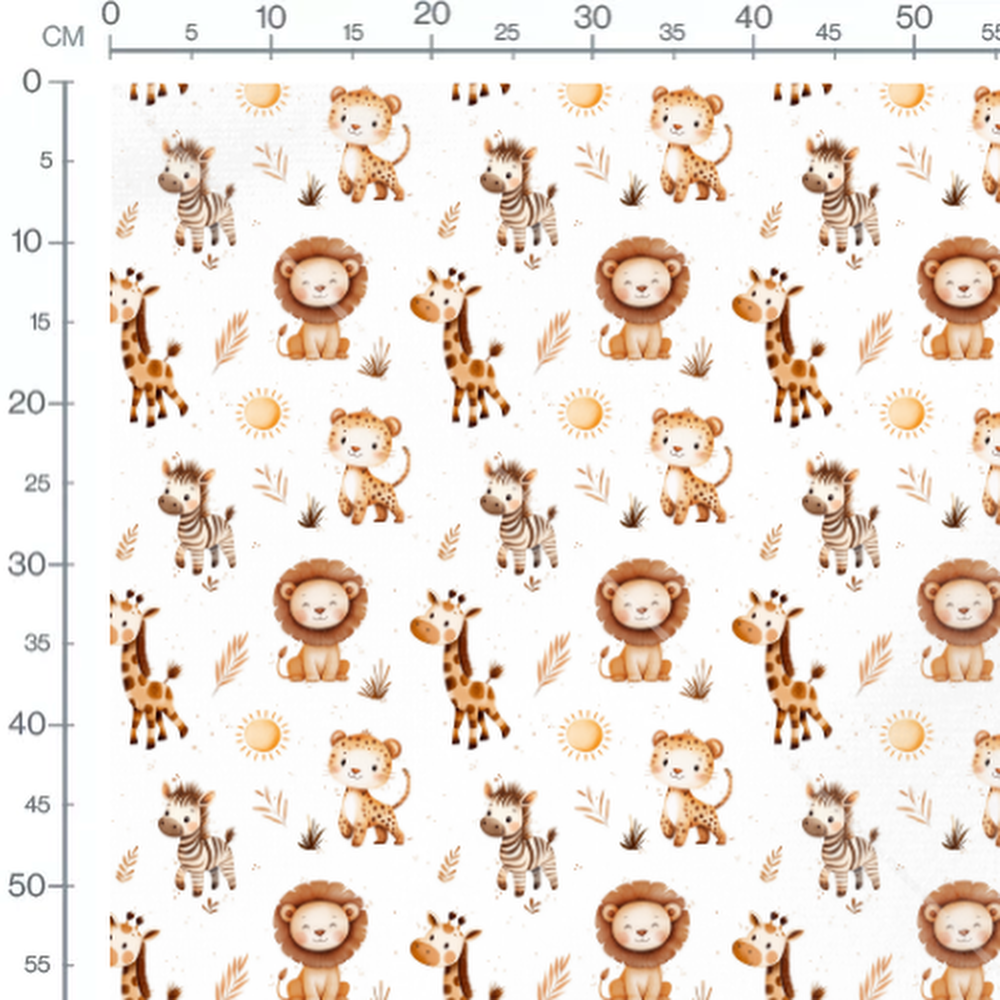 Tissu - Animaux et soleils sur blanc