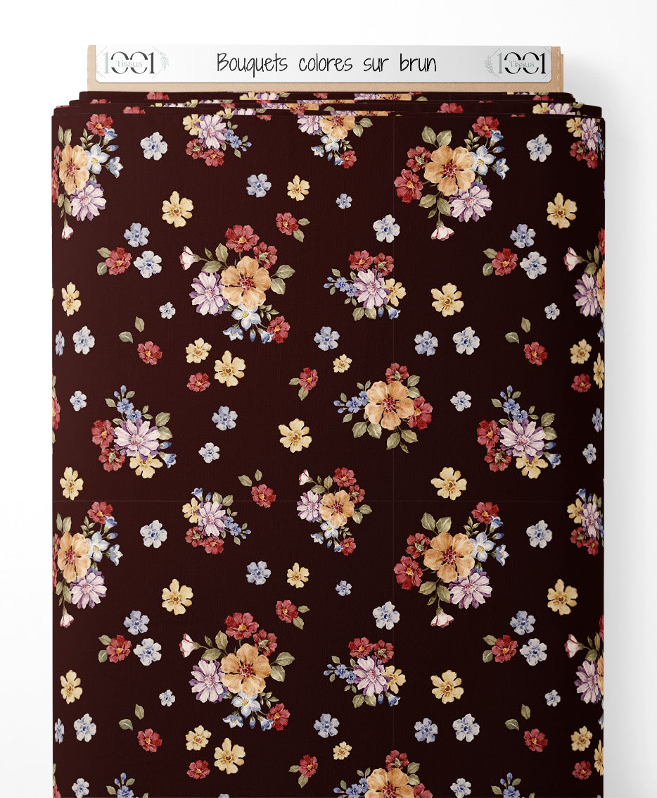 Tissu - Bouquets colorés sur brun