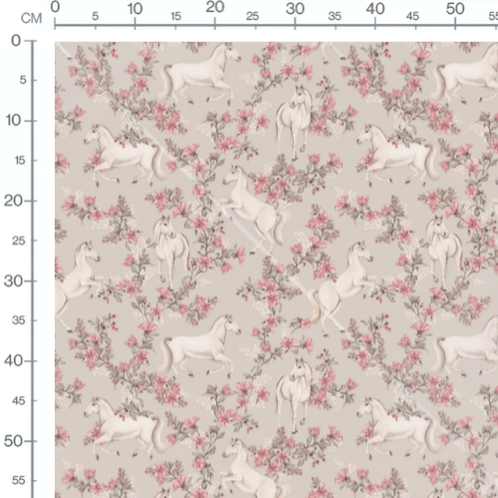 Tissu - Chevaux et fleurs sur beige