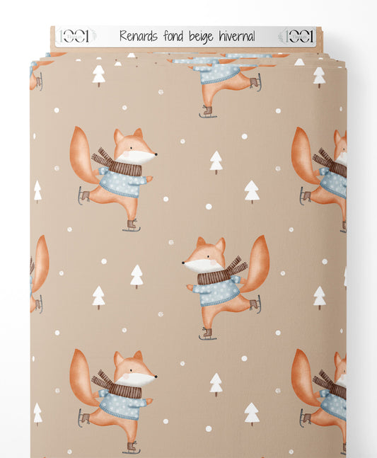 Tissu - Renards sur fond beige hivernal