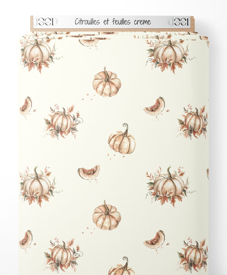 Tissu - Citrouilles et feuilles crème