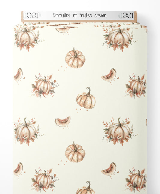 Tissu - Citrouilles et feuilles crème