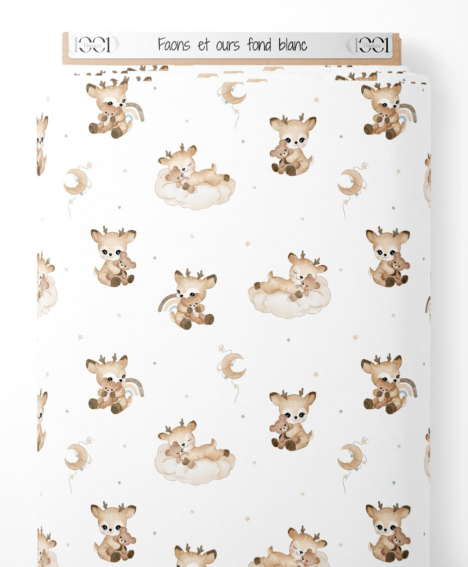 Tissu - Faons et ours sur fond blanc