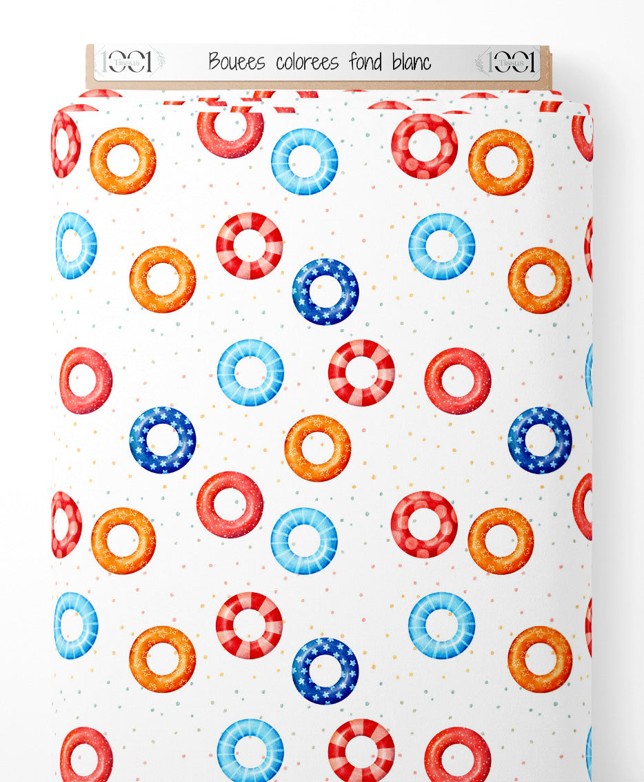 Tissu - Bouées colorées sur fond blanc