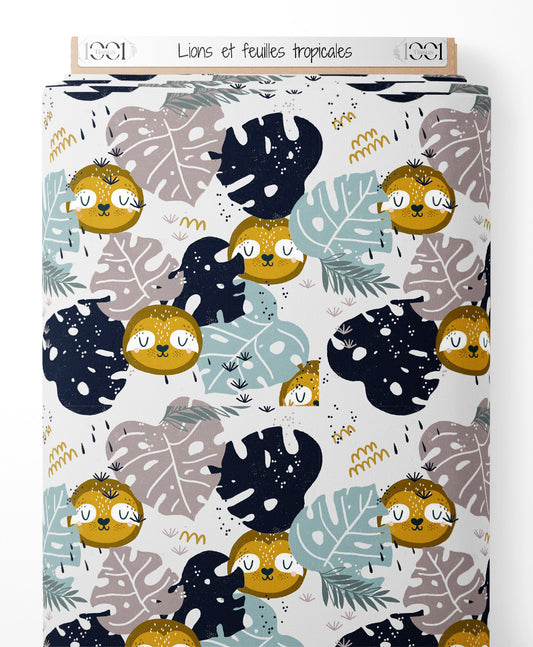 Tissu - Lions et feuilles tropicales