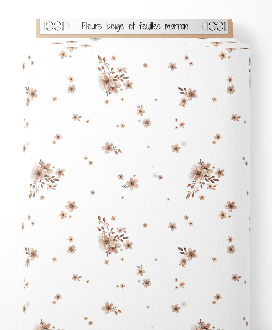 Tissu - Fleurs beige et feuilles marron