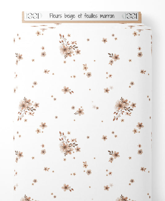 Tissu - Fleurs beige et feuilles marron