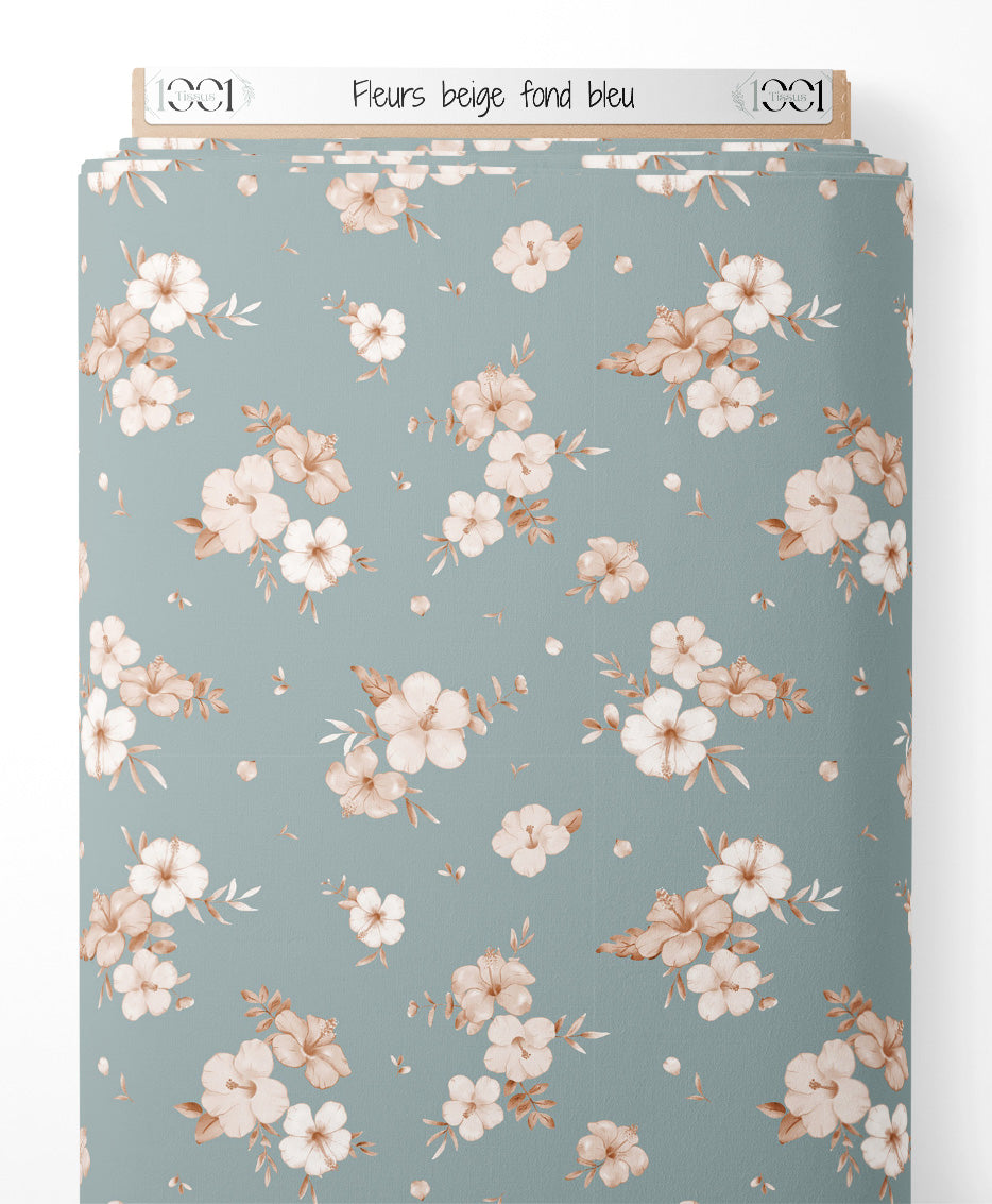 Tissu - Fleurs beige sur fond bleu