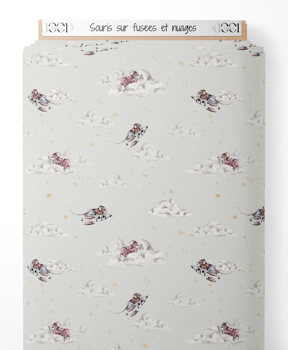 Tissu - Souris sur fusées et nuages