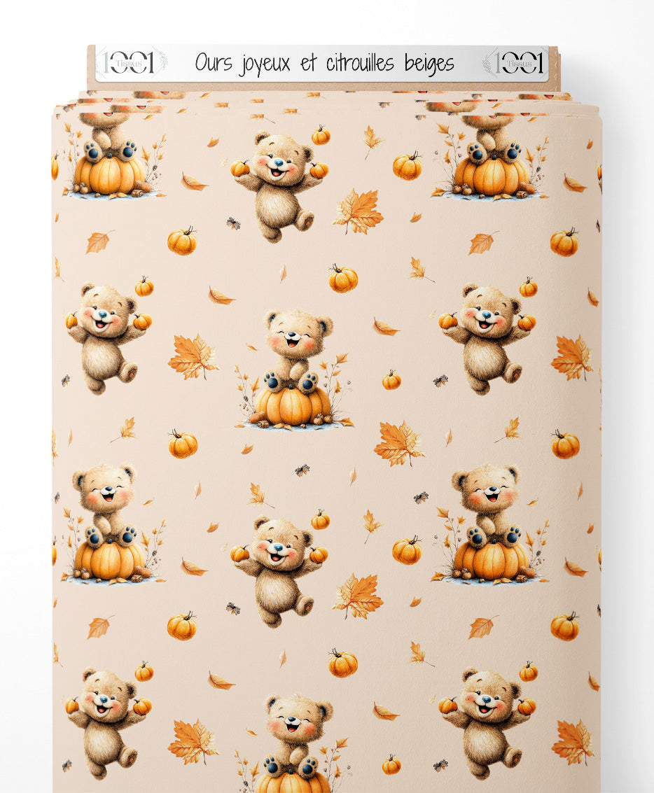 Tissu - Ours joyeux et citrouilles beiges