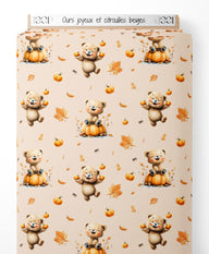 Tissu - Ours joyeux et citrouilles beiges