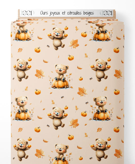 Tissu - Ours joyeux et citrouilles beiges