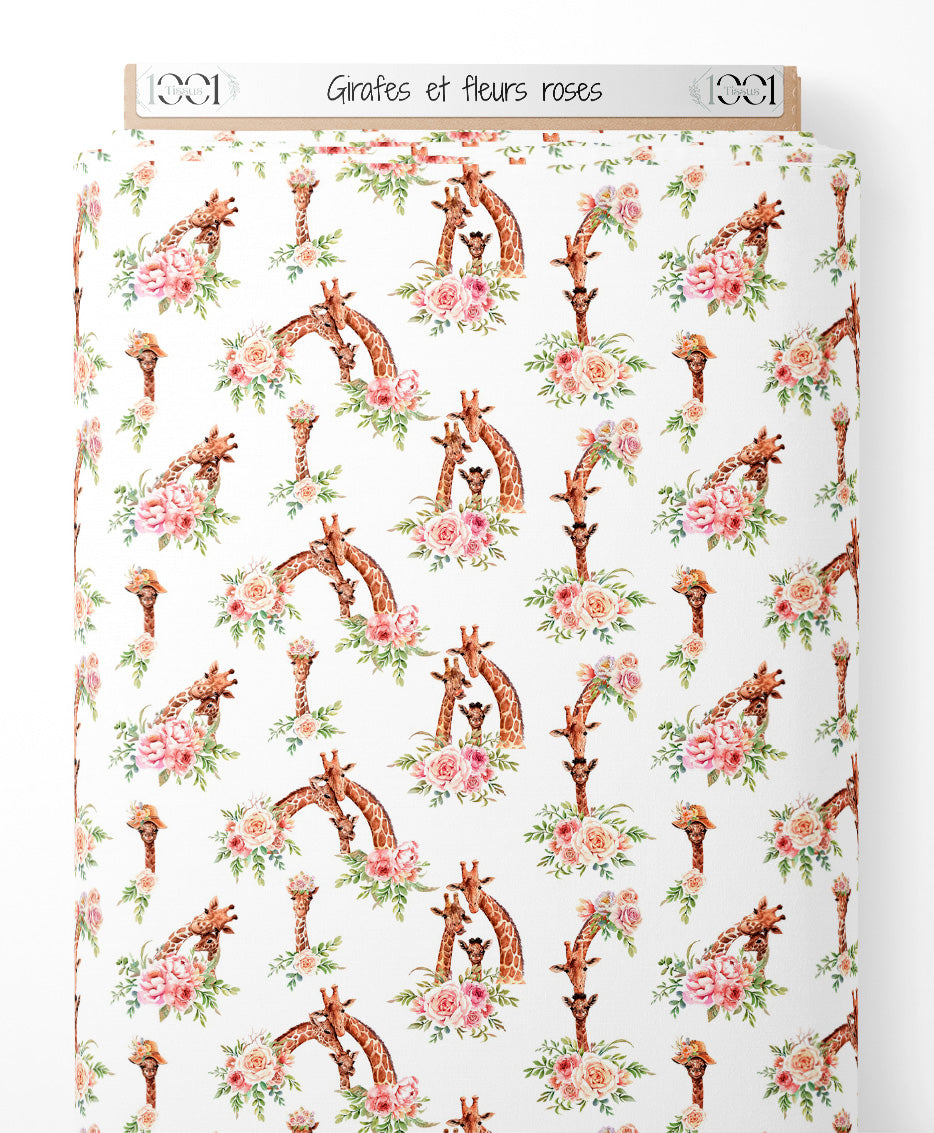 Tissu - Girafes et fleurs roses