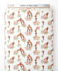 Tissu - Girafes et fleurs roses